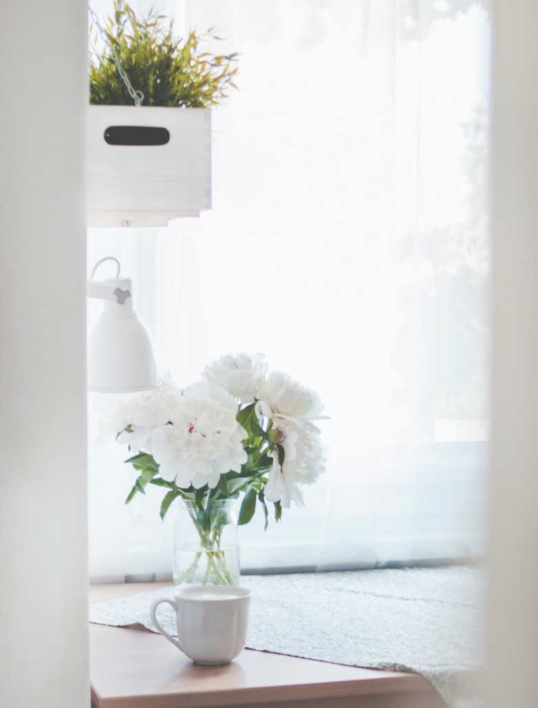 Jarrón con flores en habitación blanca